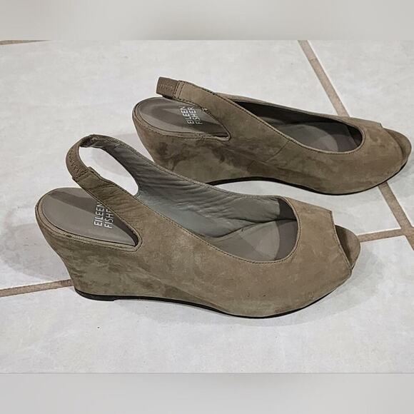 Eileen Fisher taupe Grey suede leather Wedge slingback peep toe sandals size 7.5 - Picture 2 of 7